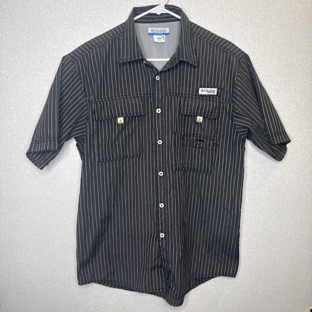 Columbia PFG Shirt Mens Large Gray Striped Omni Shade Short Sleeve Fishing UPF